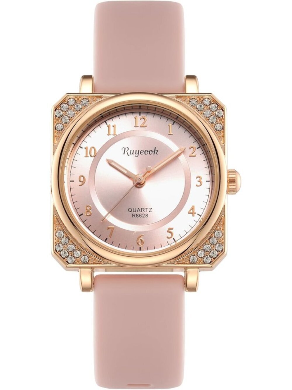 Women's Pink Analog Quartz Silicone Band Crystal Square Waterproof Wrist Watch